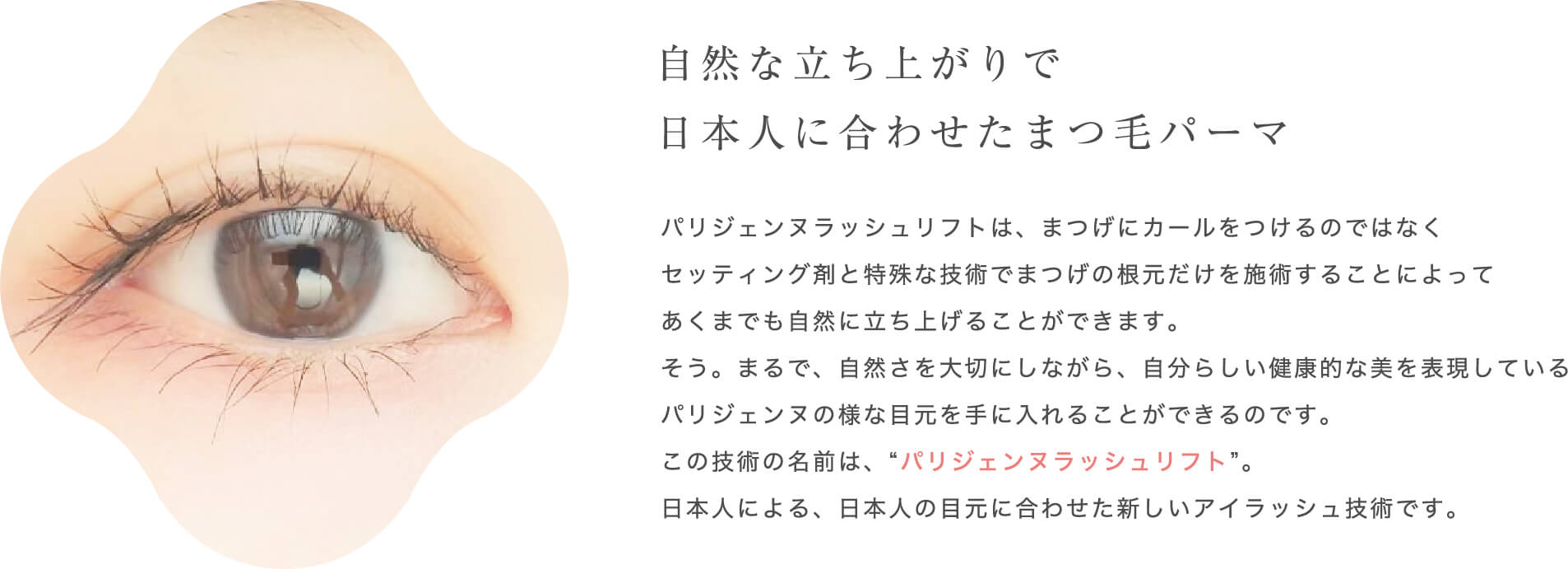 自然な立ち上がりで日本人に合わせたまつ毛パーマ
